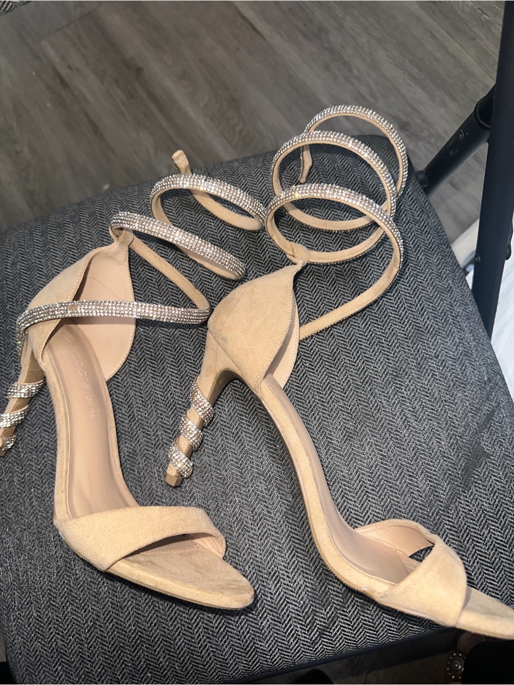 Beige Suede Strappy High Heel Sandals with Rhinestone Anklet